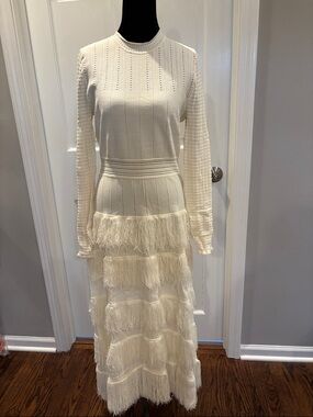 Lela Rose Cream Knit Fringe-Tier Maxi Dress